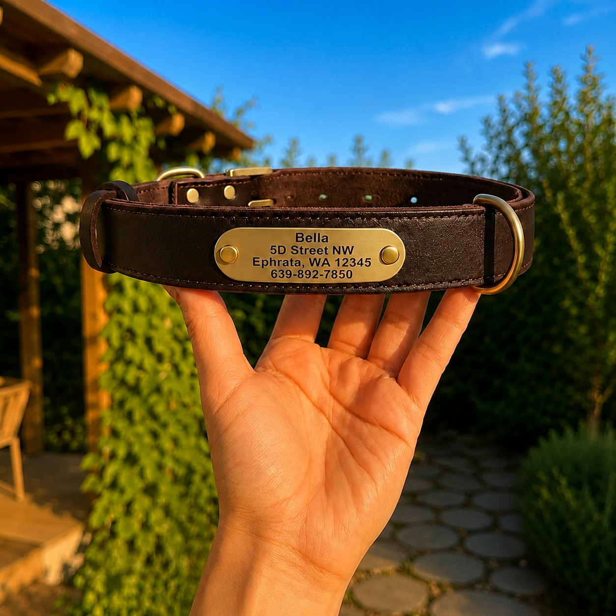 Personalized Leather Dog Collar - Custom Engraved Name Plate
