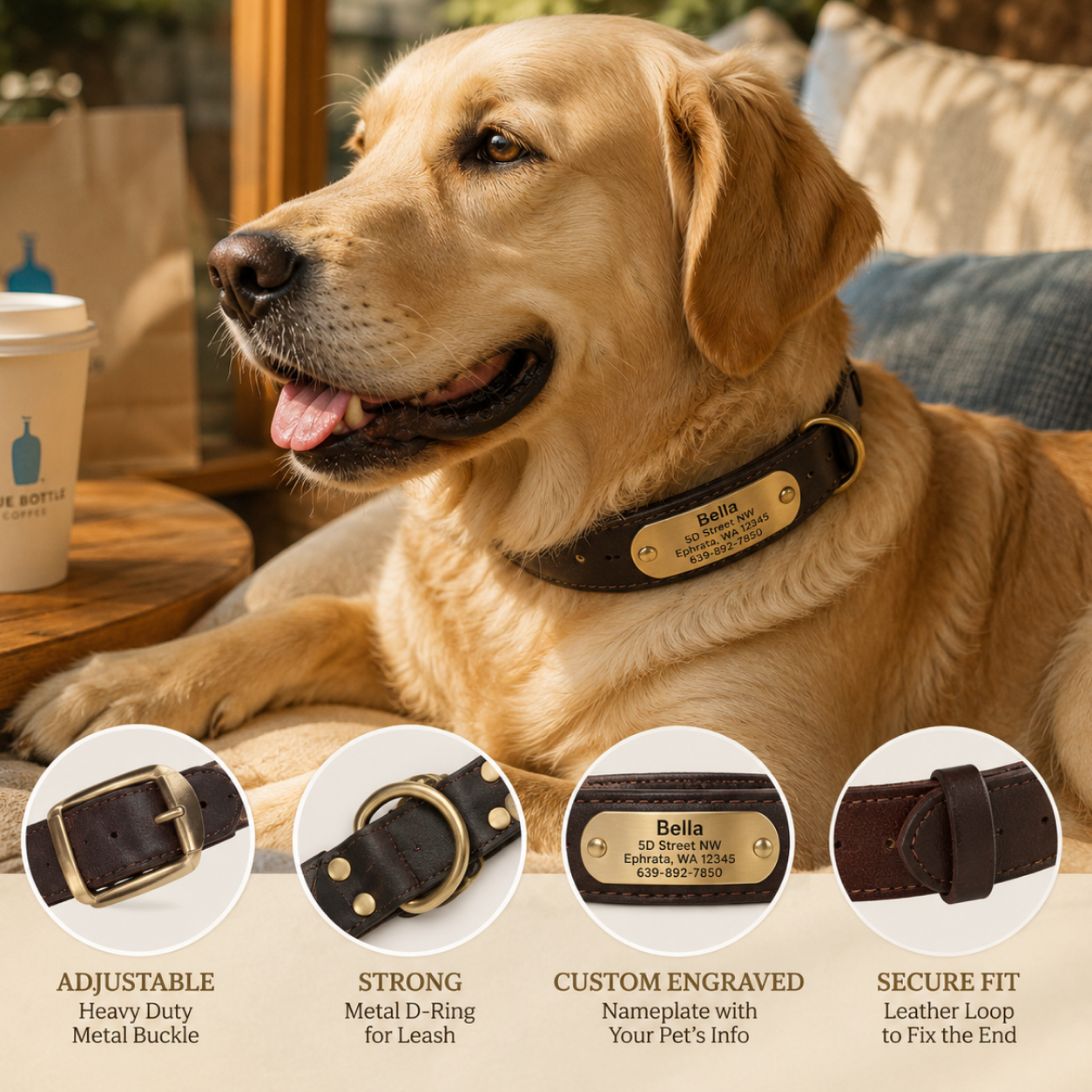 Personalized Leather Dog Collar - Custom Engraved Name Plate