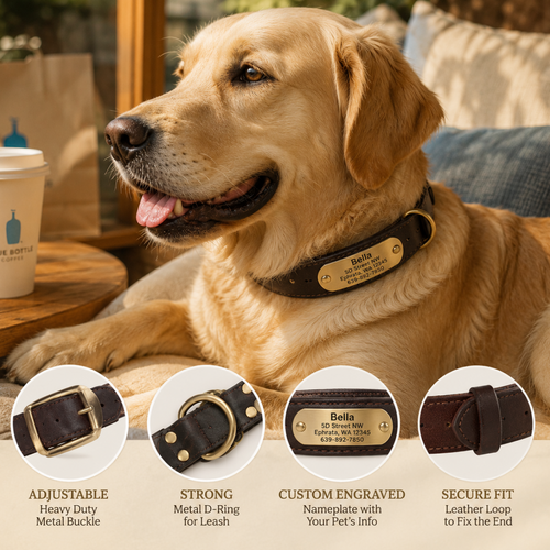 Personalized Leather Dog Collar - Custom Engraved Name Plate