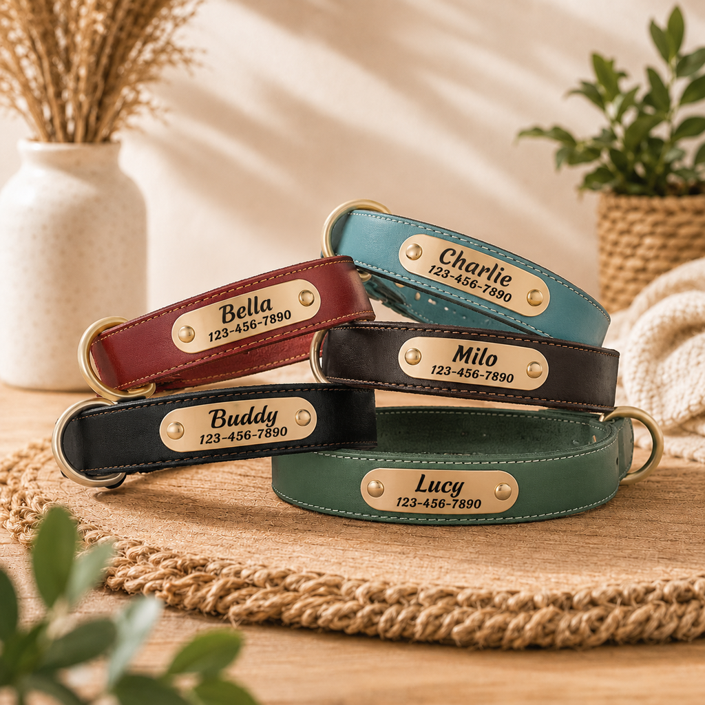Personalized Leather Dog Collar - Custom Engraved Name Plate