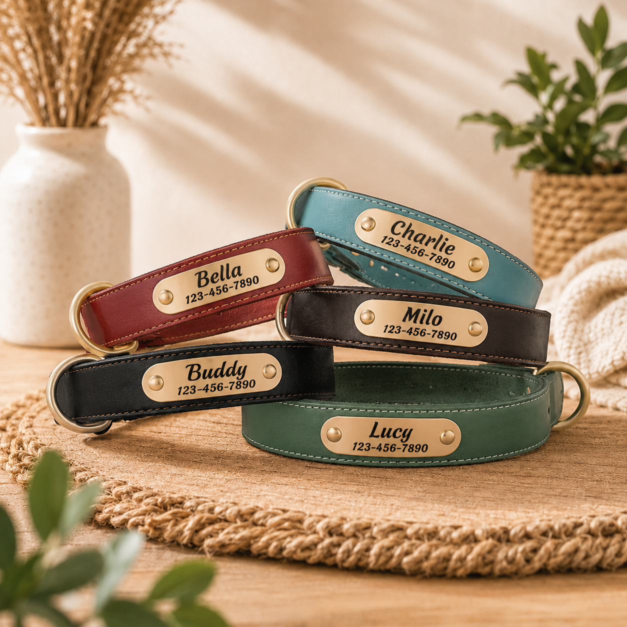 Personalized Leather Dog Collar - Custom Engraved Name Plate